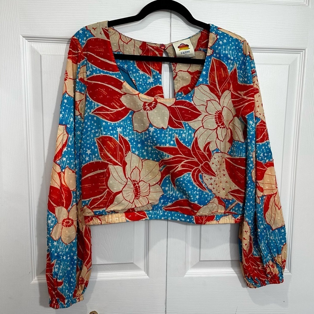 FARM Rio x Anthropologie Floral Cropped Balloon Sleeve Top Size Large Teal Red C
